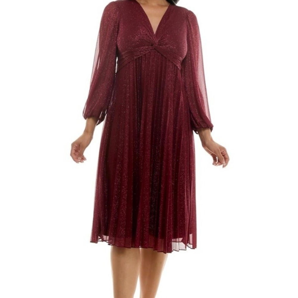 Maison Tara Knot Bodice‎ Glitter Mesh Midi Dress Sheer Sleeve Accordion Pleat 12